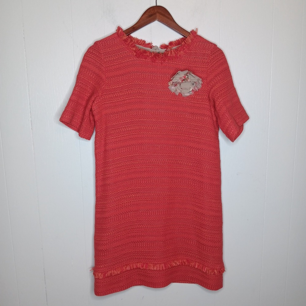 Marella Coral Woven Shift Dress Sz 6 Fringe Rosette Jackie O Preppy Career - Picture 2 of 13